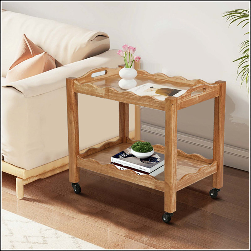 2-Tier Solid Rubberwood Rolling Side Table with Lockable Wheels and Removable Tray