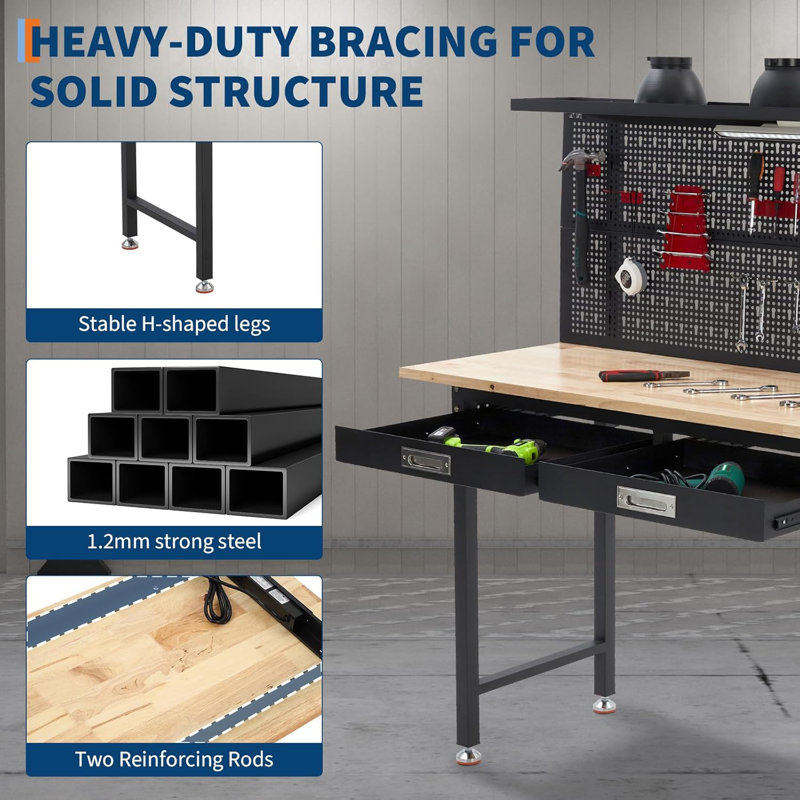 Heavy Duty Garage Workbench w/Pegboard, Wood Workbench with Tool Storage,Power Strip,LED Lighting,Industrial Work Table w/Drawers,Hanging Kits for Garage,Workshop,Basement