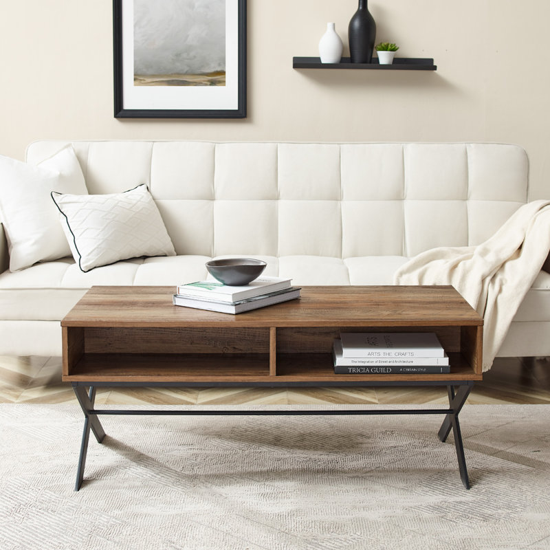 Cross Legs Coffee Table with Storage, Reclaimed Barnwood