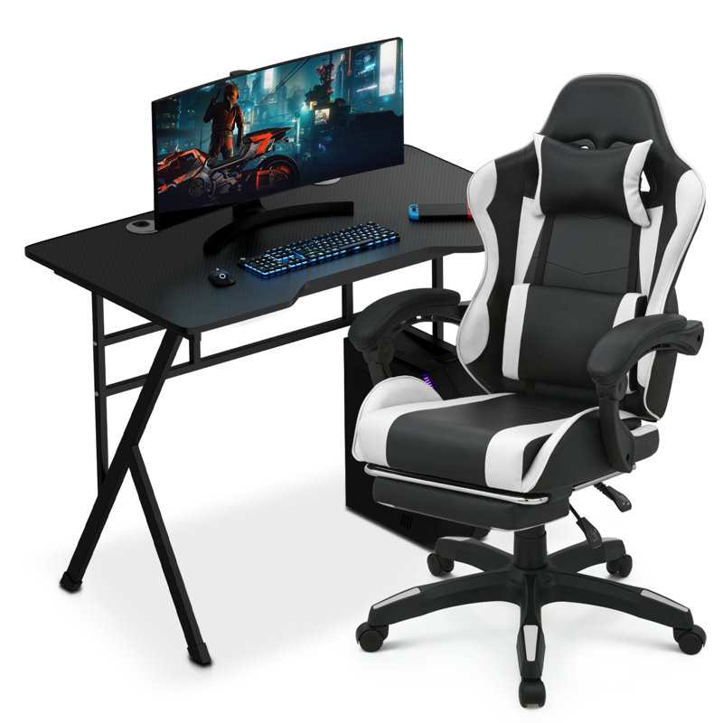 Gaming Desk and Computer Chair Set Home Office, White/Black