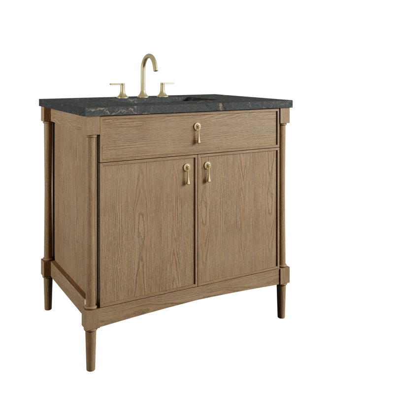 Kinnsden 36" W Single Vanity, Parisien Bleu Silestone, 8" Widespread, Weathered Oak