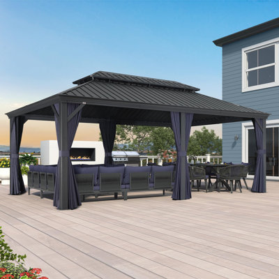 Pavillon de jardin en aluminium mauve à toit rigide avec double toit pour la cour et le jardin, rideaux et filet inclus