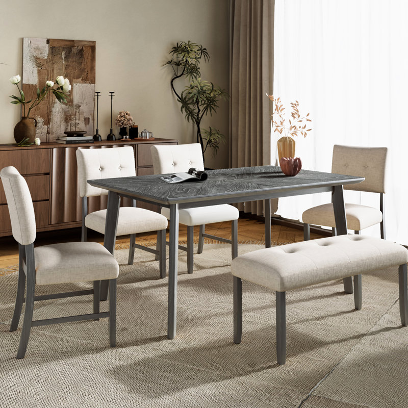 Table de salle à manger rustique 6 grises, table rectangulaire avec placage en bois de frêne et aspect naturel, 4 longues chaises rembourrées pour l'extérieur (chambre de chevet couverte