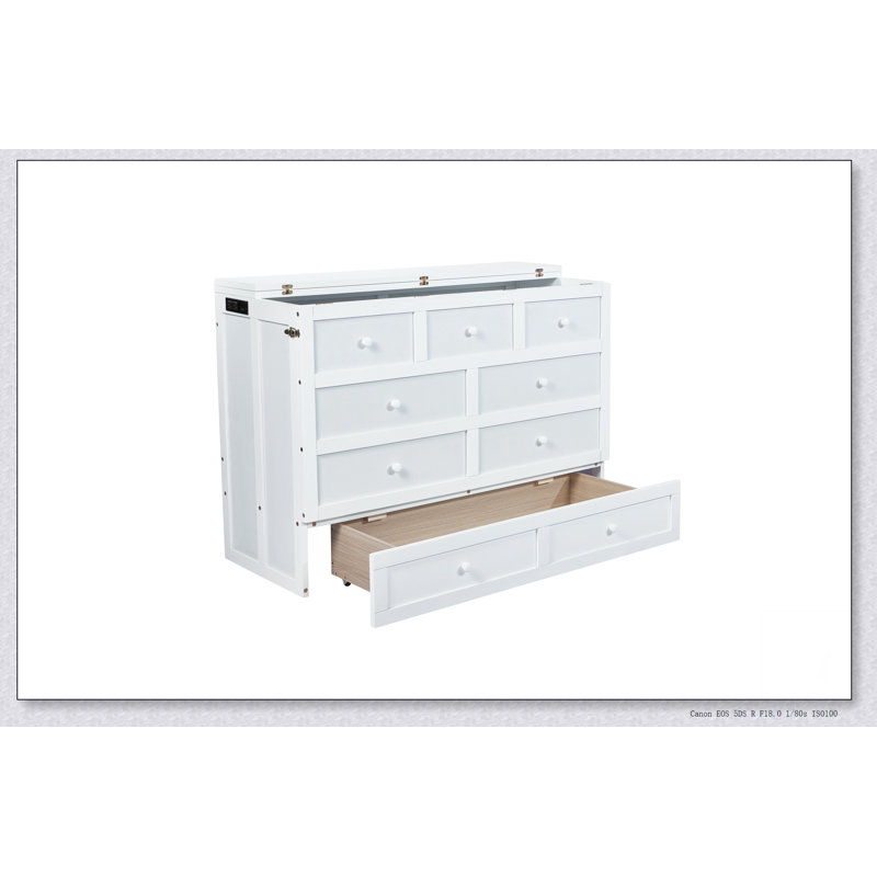 Armoire de lit escamotable Murphy avec tiroir de rangement et station de charge, port USB, cadre de lit escamotable en pin massif pour bureau à domicile, studio ou chambre d'amis