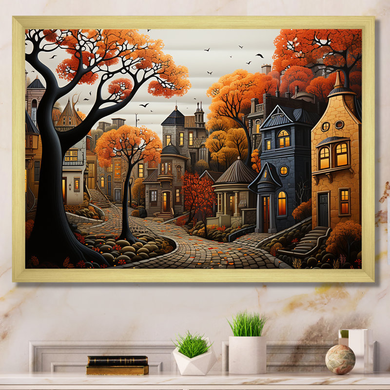 Cozy village in Autumn Moonlit III - Art mural art déco urbain, Cadre doré à coins fermés, H 34 po x l 44 po x P 1,5 po