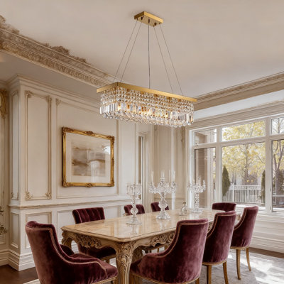 Lustre en cristal rectangulaire moderne avec cristaux K9 Raindrop, luminaire à intensité variable à 6 lumières au fini doré pour salle à manger et îlot de cuisine