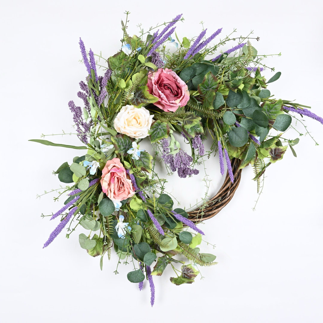 Handcrafted Faux 26'' Spring Summer Rose Floral Wreath for Front Door The Holiday Aisle®