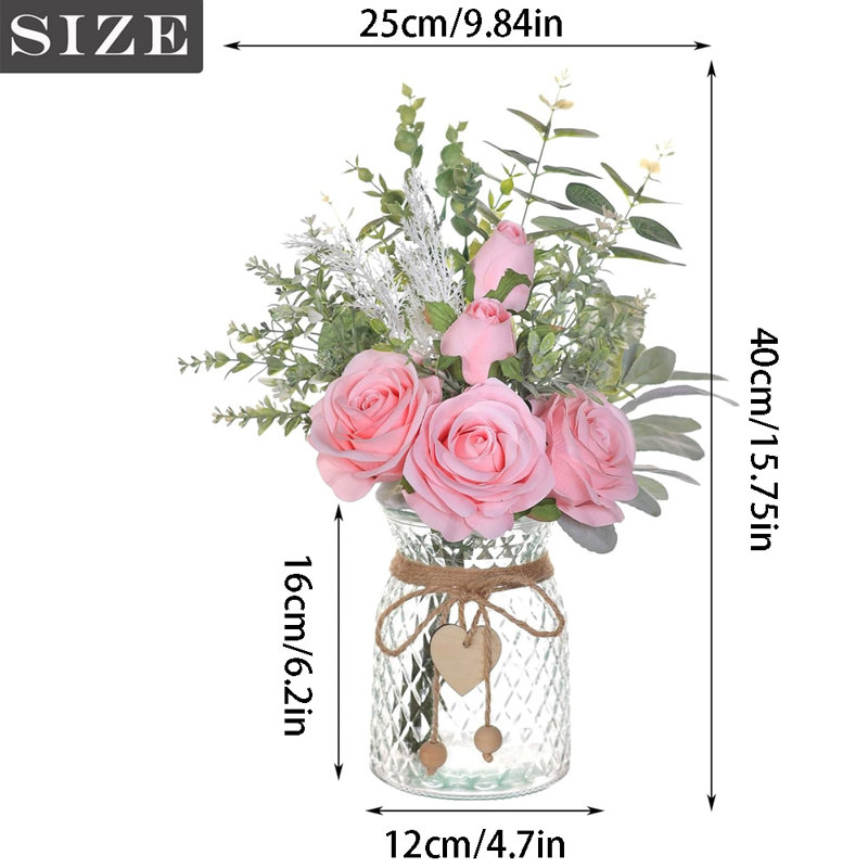 Bouquet de roses artificielles avec vase en verre, décoration d'eucalyptus pour centres de table, fleurs décoratives, rose