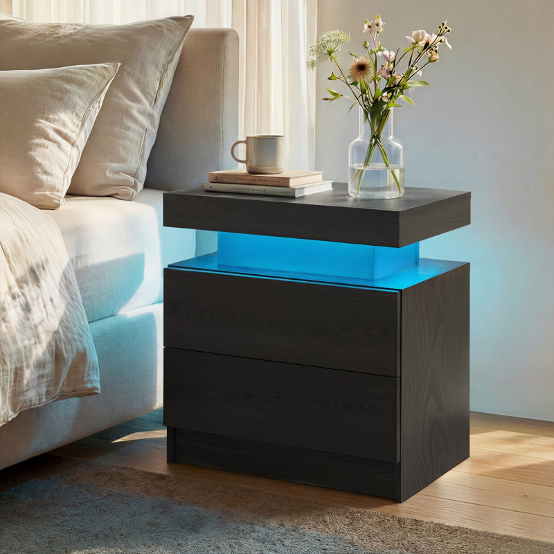 LED Nightstand with Drawers, Black Woodgrain
