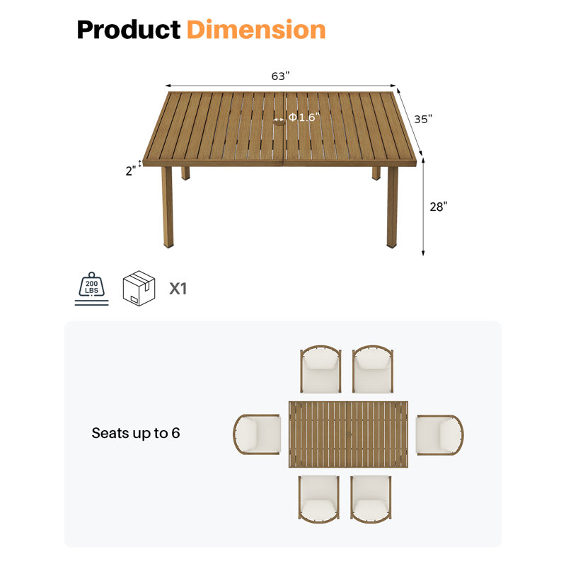 Patio Dining Table Rectangular Table for 6 Aluminum All-Weather for Backyard Garden and Poolside (Brown), Teak