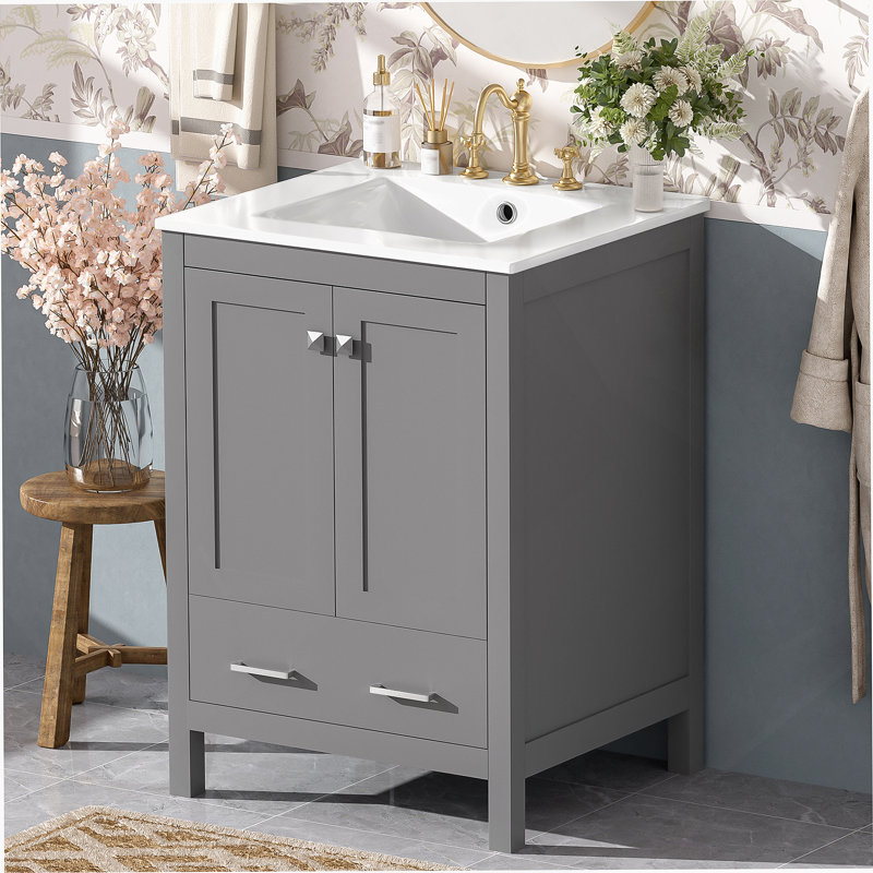 Meuble-lavabo de 24 pouces avec lavabo encastré intégré et armoire de rangement avec 2 portes et 1 tiroir. Comprend une tablette de porte à double couche, conception à fermeture en douceur