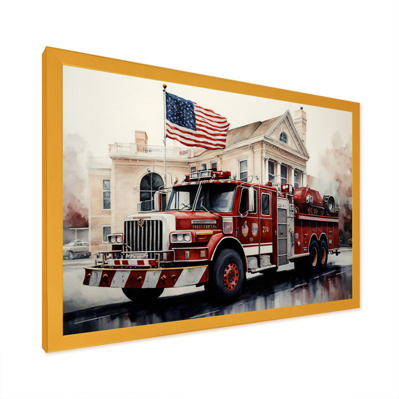 Fiery Pursuit I - Camion de pompiers, Cadre doré simple, H 24 po x l 32 po x P 1 po