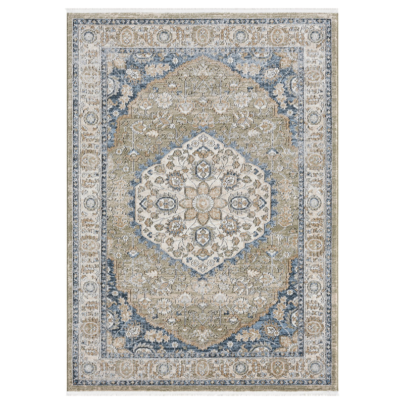 Pritchett Vintage Medallion Muted Sage Olive Tan Rug with Fringe, Rectangle 7'10" x 9'10"