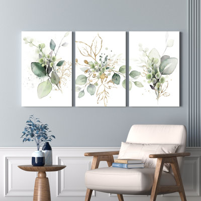 Ensemble de 3 tableaux muraux sur toile tendue, ornés de motifs floraux à l'aquarelle et de feuilles d'or, pour la décoration du salon, de la chambre ou de la salle de bain.