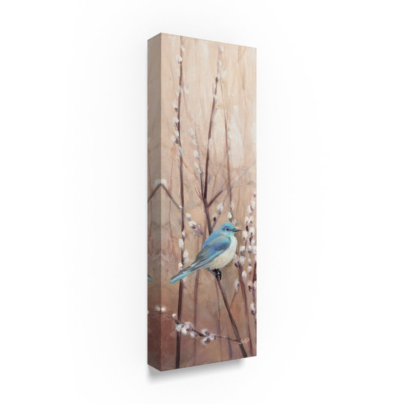 Blue Bird on Branch Framed Canvas Art, 10" x 32"