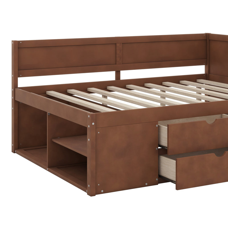 Lit de jour avec tiroirs et tablettes, Noyer, Lit simple
