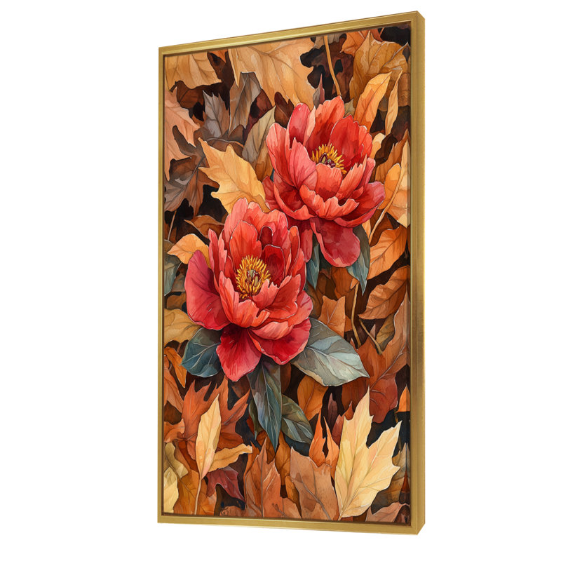 Cantillo, pivoines rouges parmi les feuilles d'automne I - pivoines, art mural, H 60 po x l 28 po, Doré