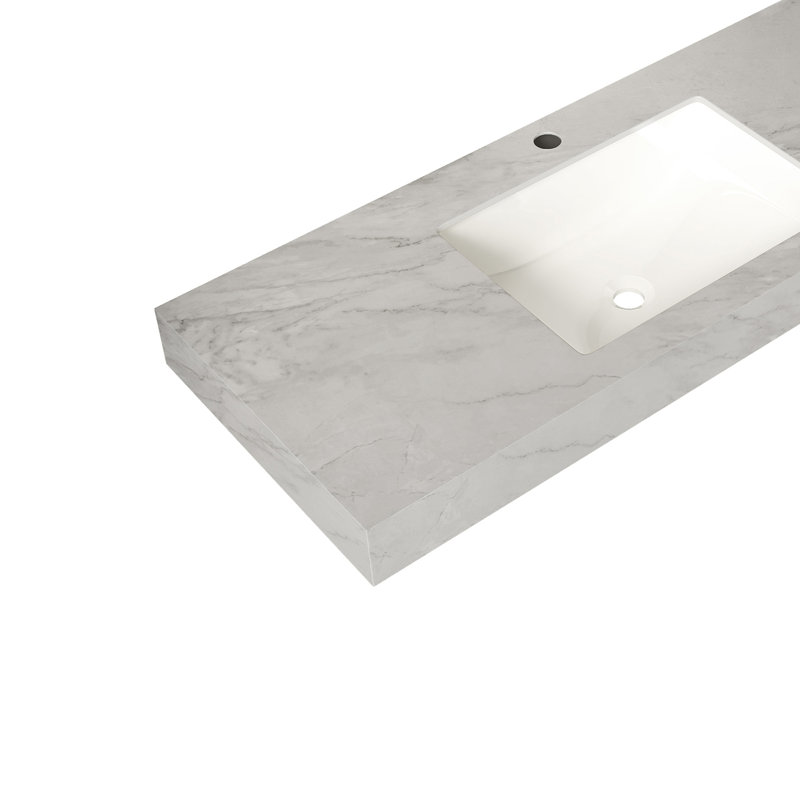 Vasque en céramique à poser et à encastrer sous plan, 122 cm (48 po), en pierre frittée veinée gris Carrara, avec 1 trou de robinet standard pré-percé. Meuble, robinetterie et couvercle de lavabo non inclus.