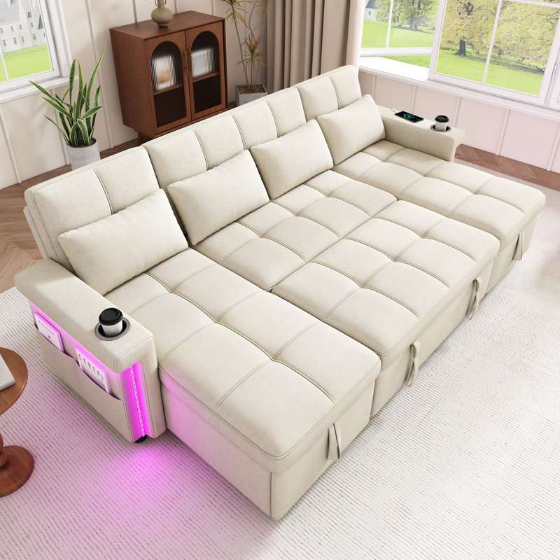 Chenille Chaise End Sofa, Beige-4 Seater