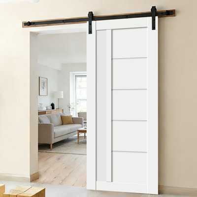 Noyau en bois massif blanc préfini, porte de grange en verre avec trousse de quincaillerie de porte de grange de 6,6 pi, porte intérieure, porte de grange finie, porte intérieure blanche, porte coulissante intérieure, verre exclusif laiteux modèle 5G01 de 32 po x 80 po avec porte de grange de 78 po Ensemble de quincaillerie