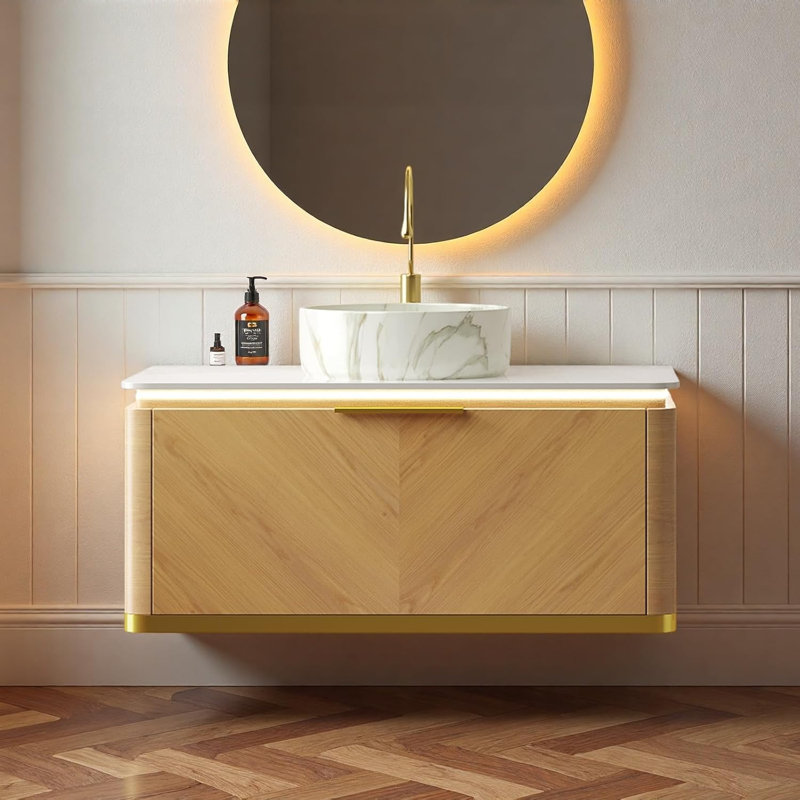 Meuble-lavabo 36 po avec lavabo, tiroir et capteur de lumière, comptoir en pierre frittée blanche et lavabo en céramique, pré-assemblé