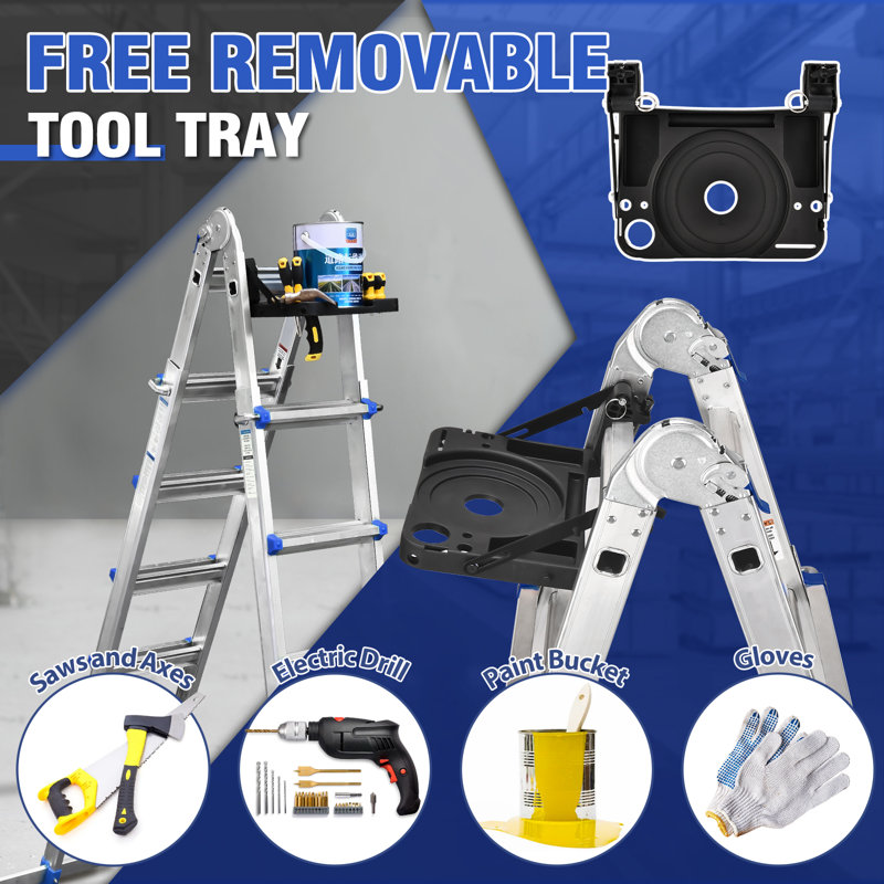 A Frame 5 Step Aluminum Ladder Extension Ladder, 17 Ft Muti Position Ladder & Removable Tool Tray with Stabilizer Bar, 330 lbs