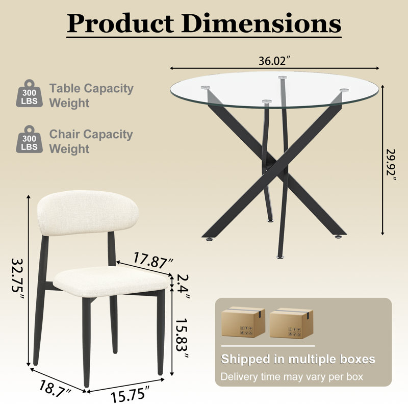 Modern Round Glass Dining Table Set For 2, 36" Tempered Glass Top And Rattan Velvet Upholstered Chairs For Small Dining Spaces