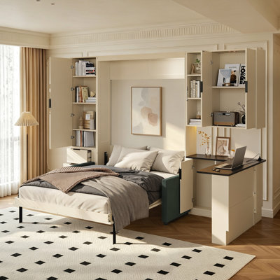 Queen Modern Murphy Wall Bed Framen with Sofa & Side Desk Cabinet, Built-in Charging Station & Multi Open Storage Shelves, Hidden Fold-out Cabinet Bed
