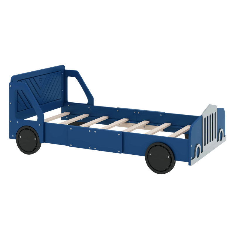 Lit plateforme simple en forme de voiture avec roues Skylon, Bleu