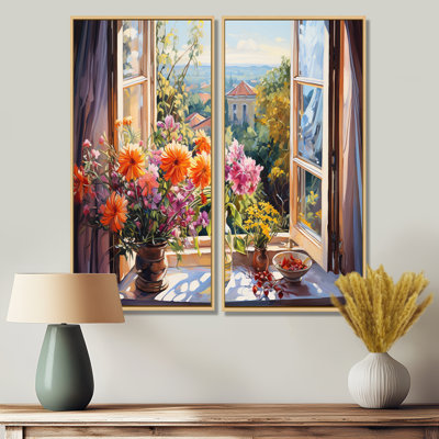 Fenêtre orange et verte vue de la fenêtre I - impressions sur toile traditionnelles roses, 2 pièces