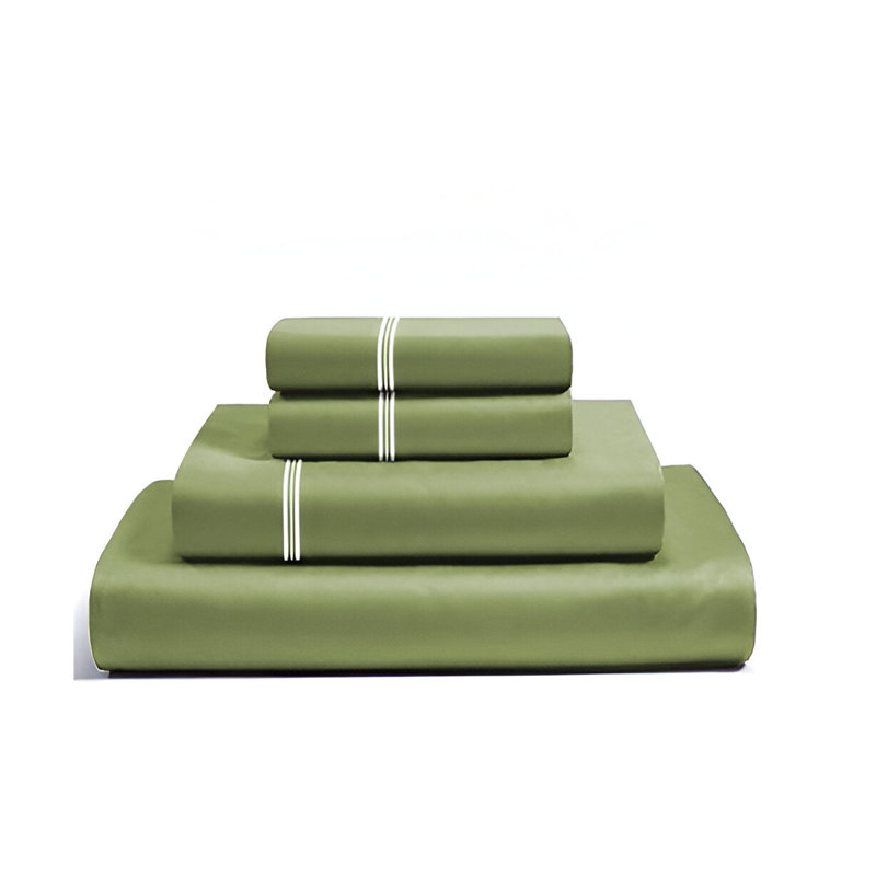 400TC Cotton Classic Luxurious Embroidery Cotton 4 Piece Sheet Set Fitted Sheet Fits Upto 16" Deep Pocket, Sage/White