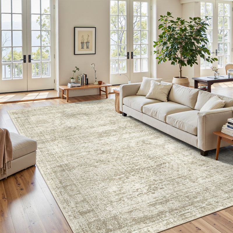 Tapis persan lavable délavé, Beige, Rectangle 7 pi x 9 pi