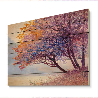 Magnifique arbre mauve sur le lac - peinture sur bois sans cadre