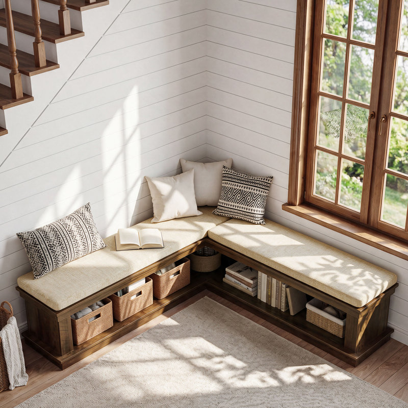L-Shaped Corner Shoe Bench With Cushion, Brown, Beige