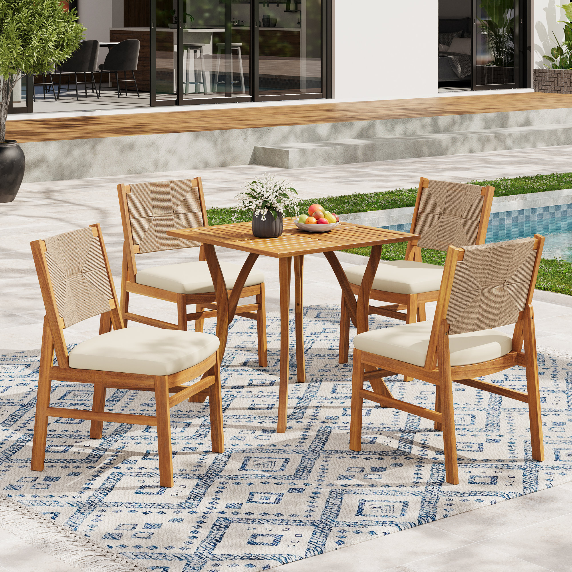 Allman Outdoor 5-Piece Acacia Wood & Wicker Woven Dining Set With Cushions