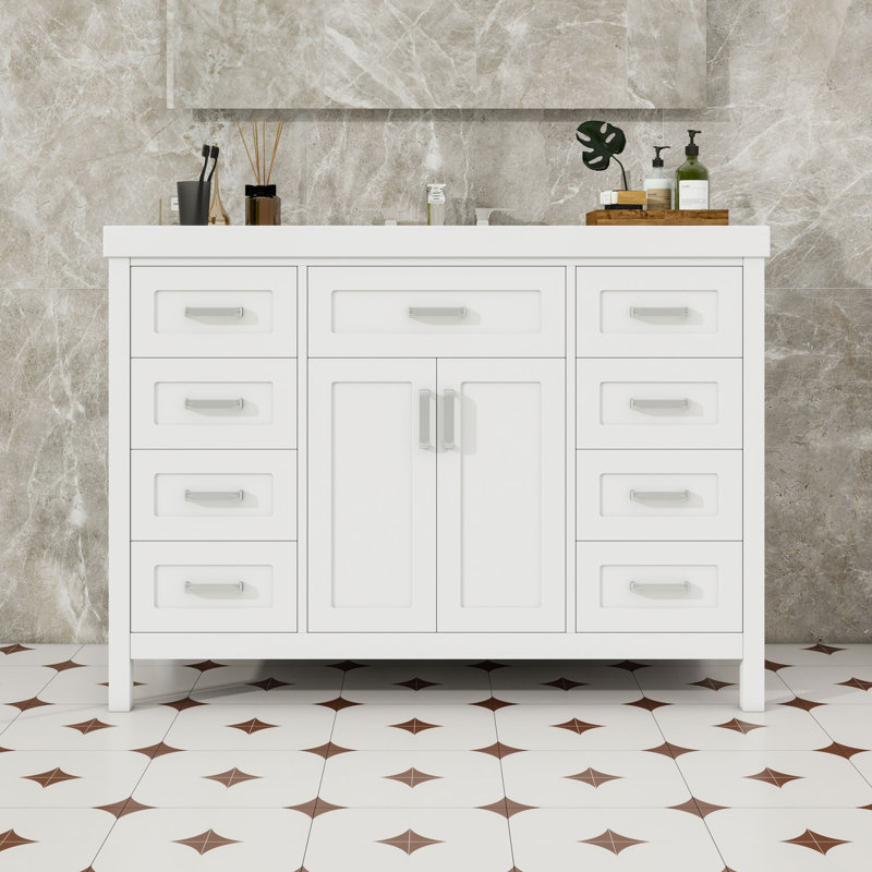Modern Freestanding Bathroom Vanity with Durable Resin Top, Soft-Close Storage and Solid Pine Legs, White