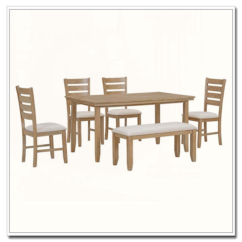 Ensemble de salle à manger 6 pièces en bois rustique avec sièges en tissu de lin (bois naturel délavé)