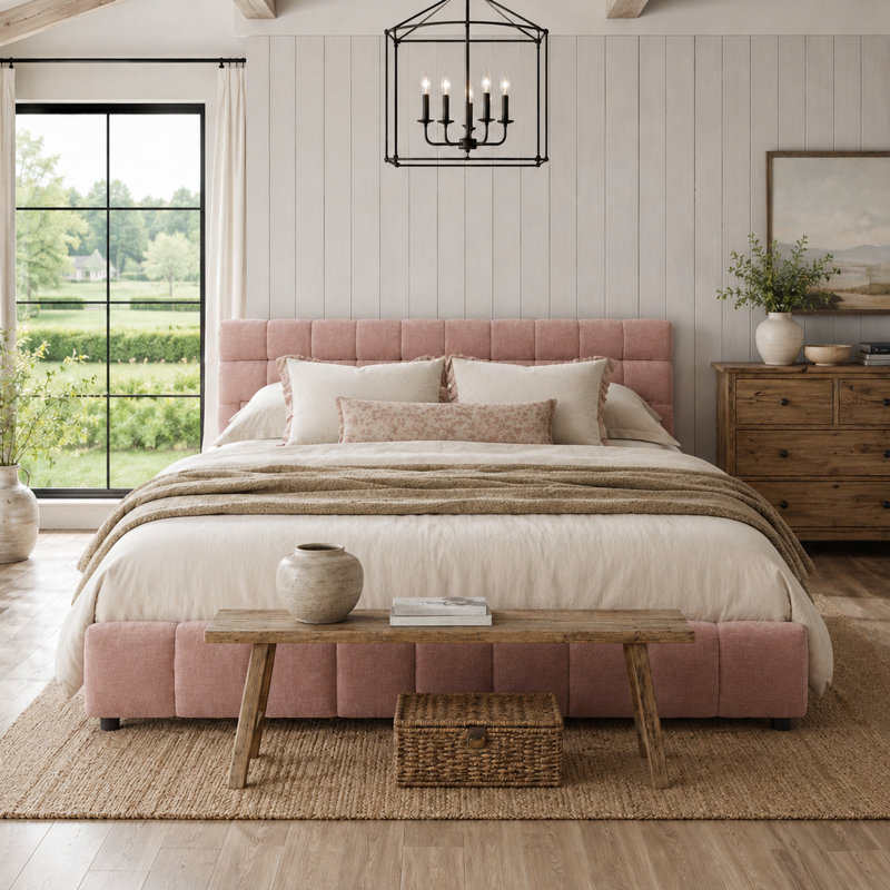 Lit plateforme tapissier en chenille moderne avec quatre tiroirs sous le lit, Très grand lit, Rose