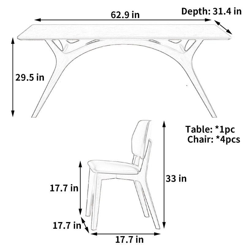 Table et chaise de salle à manger chaleureuse et simple, H 29,5 po x L 62,9 po x l 31,4 po