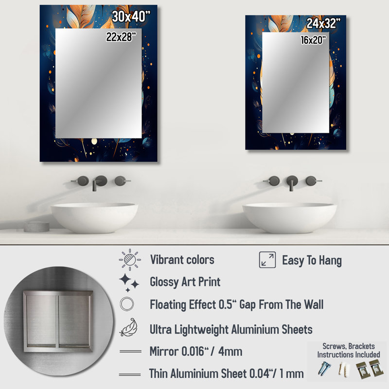 Boho Glam Gold Feathres On Cosmic Blue III - miroir décoratif en plumes, grand miroir mural bleu, impression d'art en métal