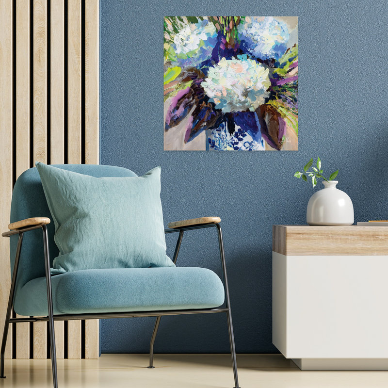 Art contemporain d'hortensias chinois avec bouquet de fleurs bleues, H 18 po x l 18 po