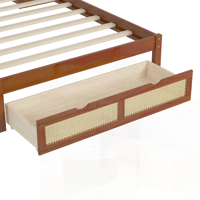 Lit simple en bois avec casiers de rangement, tiroir et tête de lit en rotin, design multifonctionnel et peu encombrant