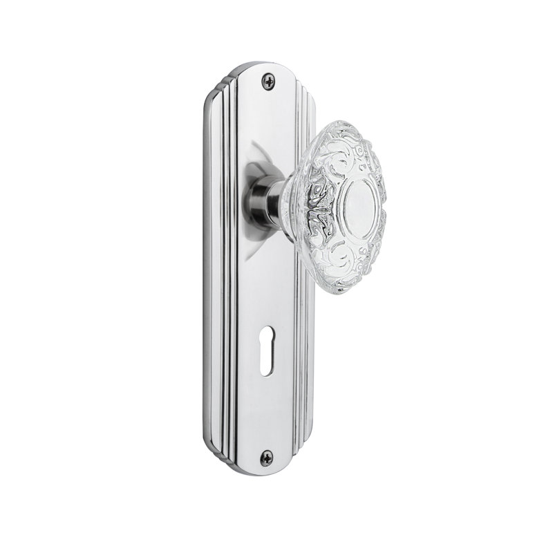 Deco Plate with Decorative Keyhole and Crystal Victorian Knob, Bright Chrome, 2-3/8”