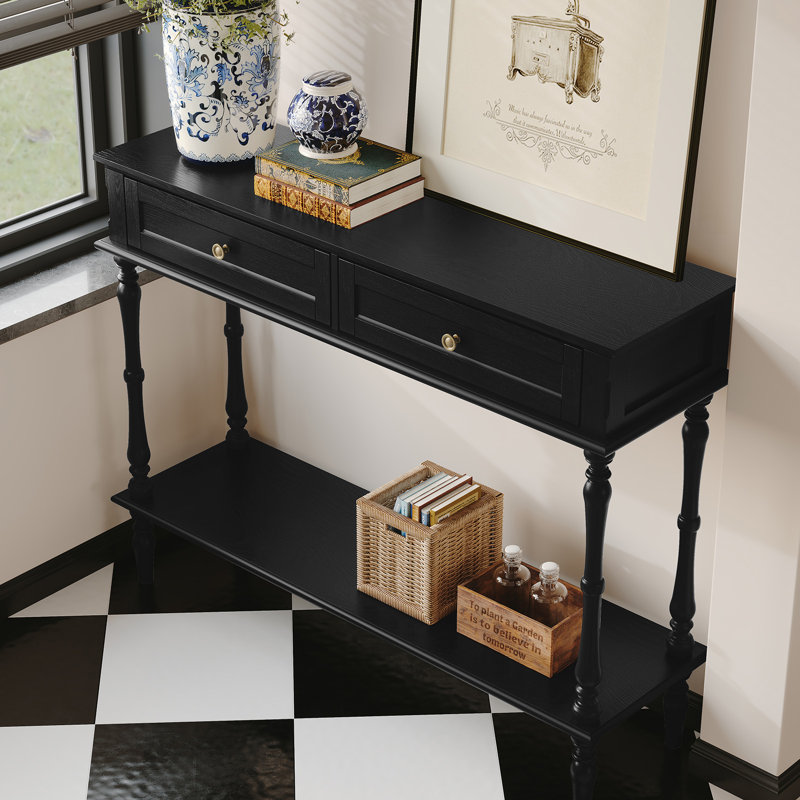 Console Mid-Century avec 2 tiroirs (assemblage minimal requis), Noir