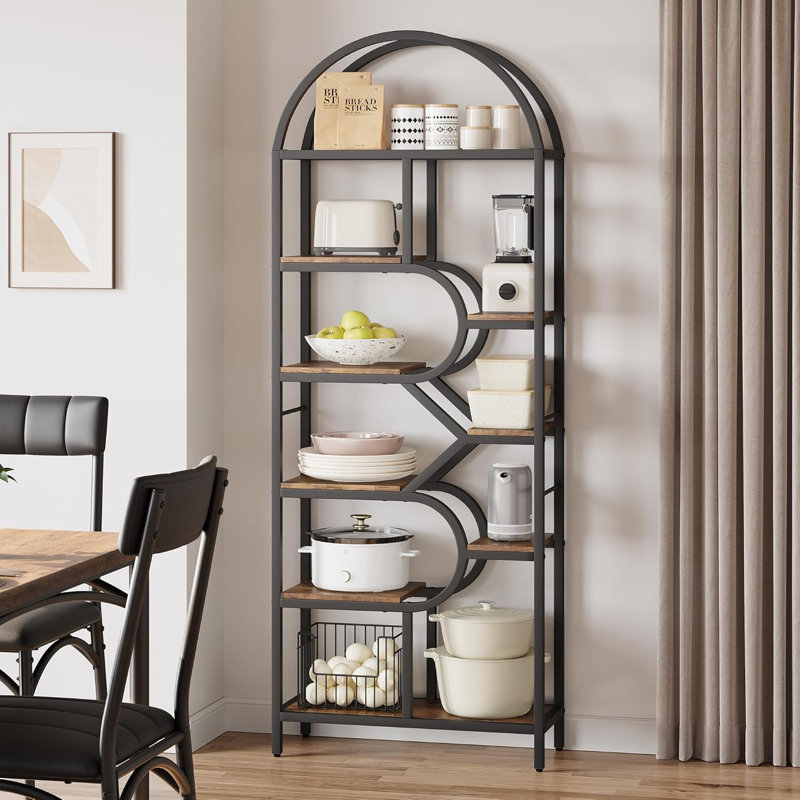 81.7'' H Bookshelf, 6-Tier Arched Bookcase, Geometric Open Storage Shelf, Brown/Black