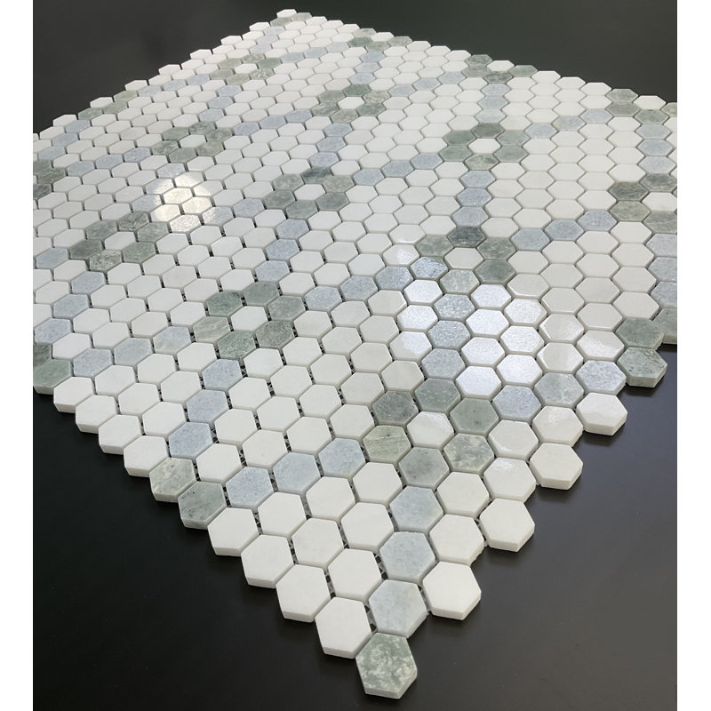 Carreau de mosaïque hexagone en marbre Thaeste, blanc, vert Ming et bleu Celeste, Thassos White/Ming Green/Blue Celeste