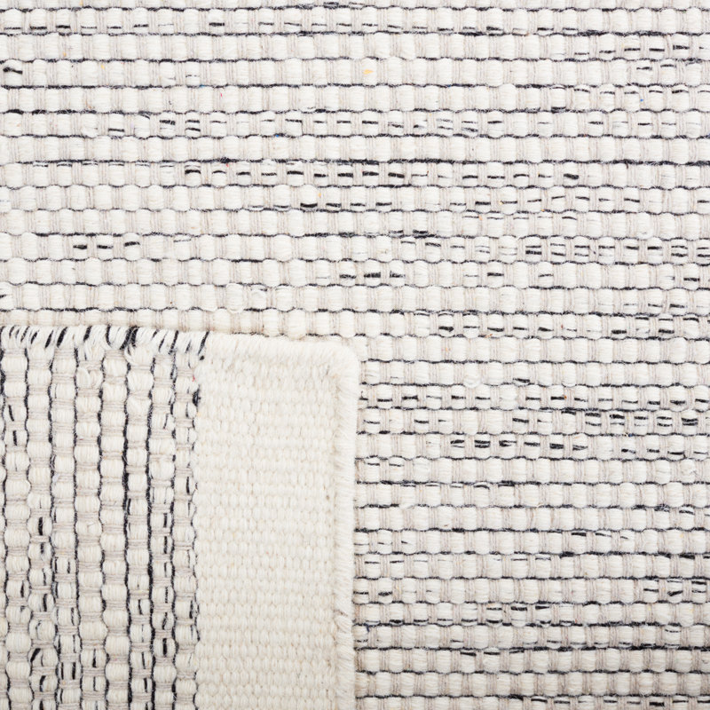 Tapis de couleur unie en laine / coton tissé à la main Tohei en ivoire / noir, Tapis de couloir 2 pi 3 po x 11 pi