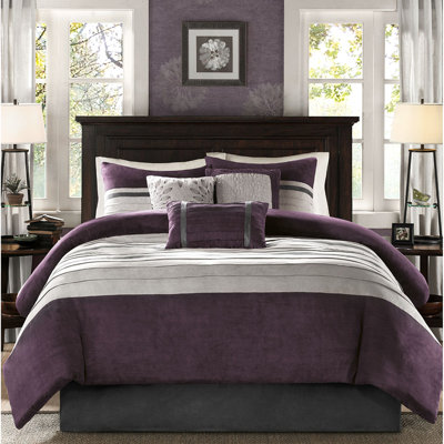 Édredon grand 7 pièces mauve - faux suède à motif confort, détails de broderie, lavage à la machine doux, literie, coussins décoratifs, nettoyage sans effort