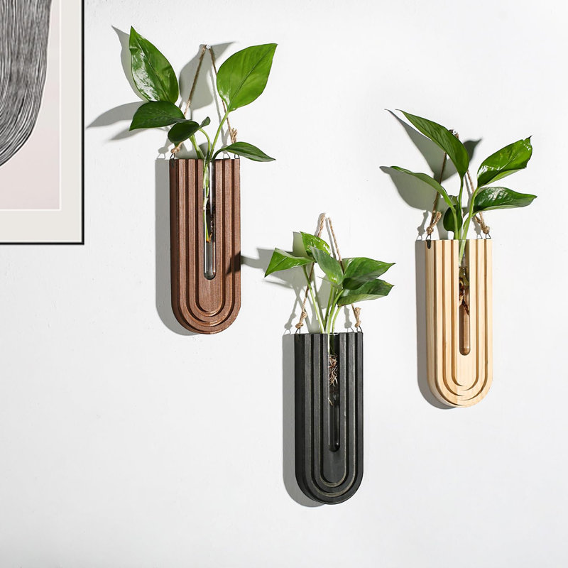 Ensemble de 3 pots à fleurs en bois - Station de propagation suspendue à la main Boho, vase à plante mural pour le salon, entrée