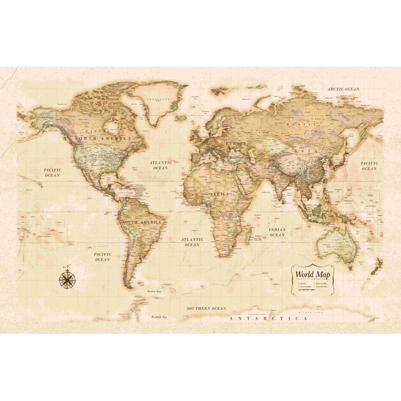 «World Map sépia», reproduction sur toile tendue, H 32 po x l 48 po